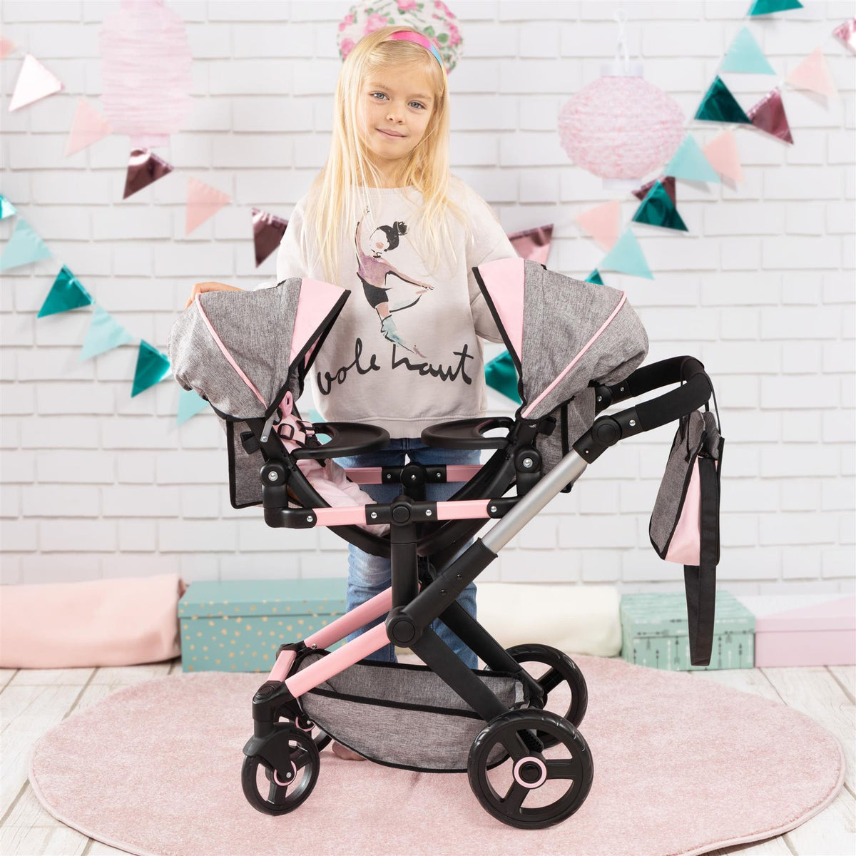 Bayer Xeo Twin Doll Pram - Grey/Soft Pink