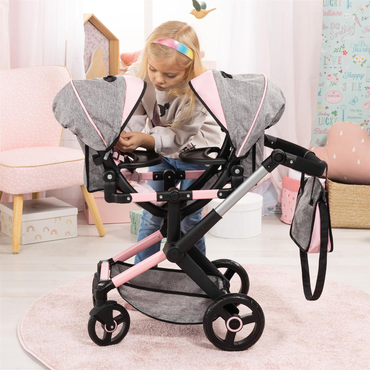 Bayer Xeo Twin Doll Pram - Grey/Soft Pink