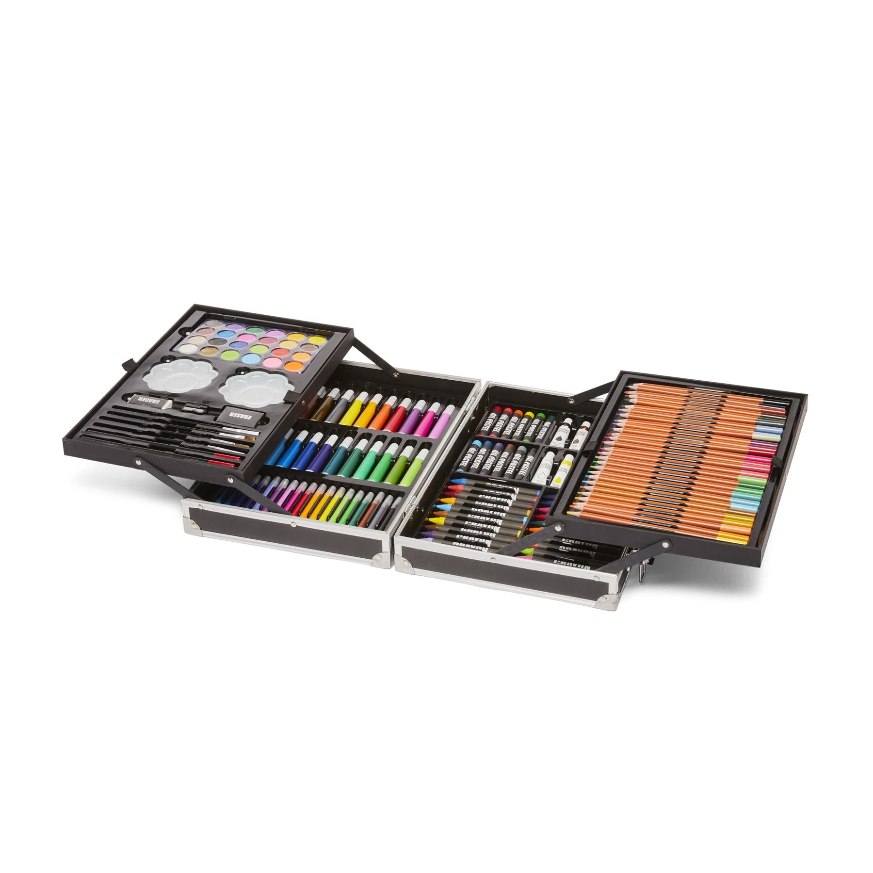 Toymania Mixed Media 163-Piece Kids Art Set with Black Geometric Metal Carry Case