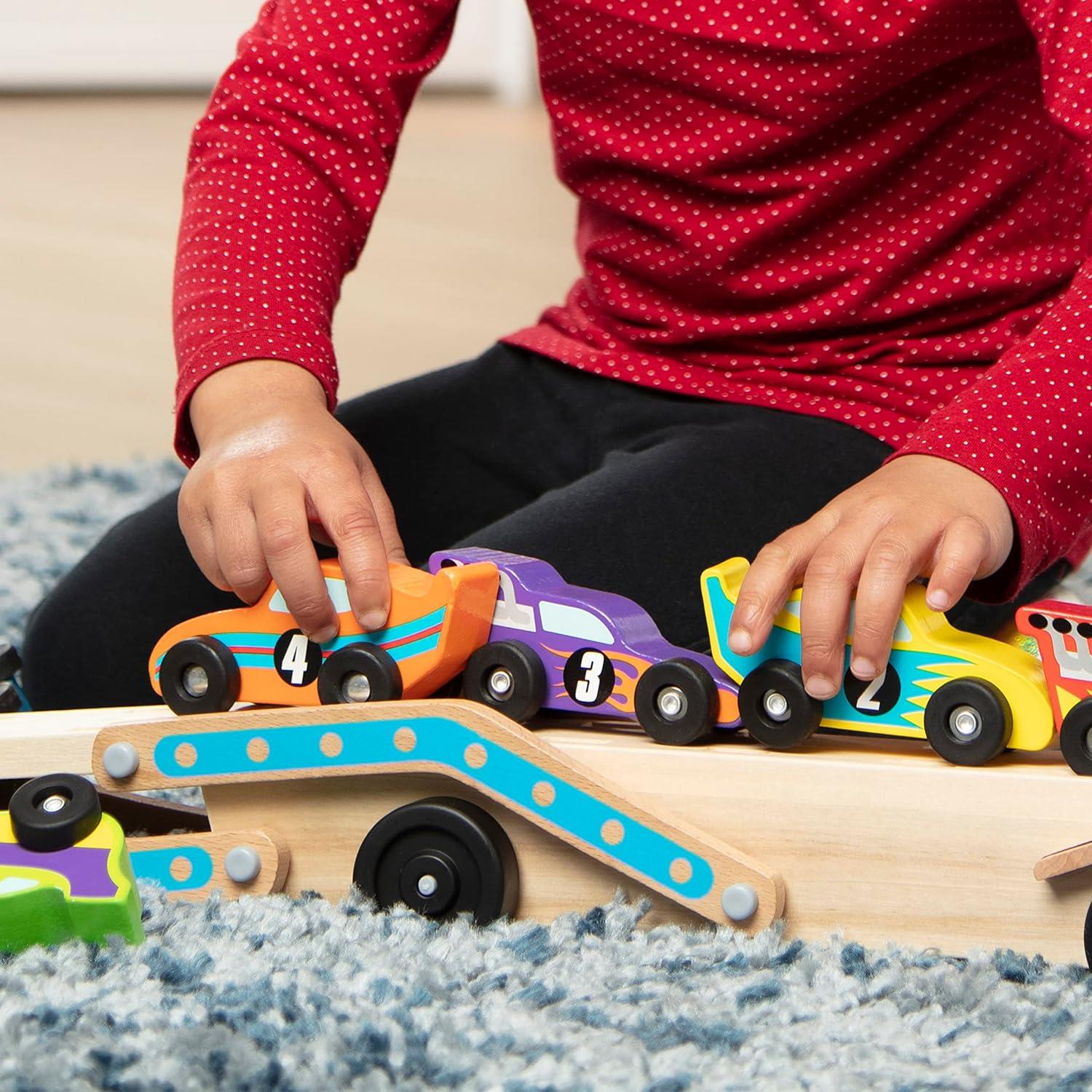 Melissa and Doug Wooden Mega Race Car Carrier with 6 Race Cars