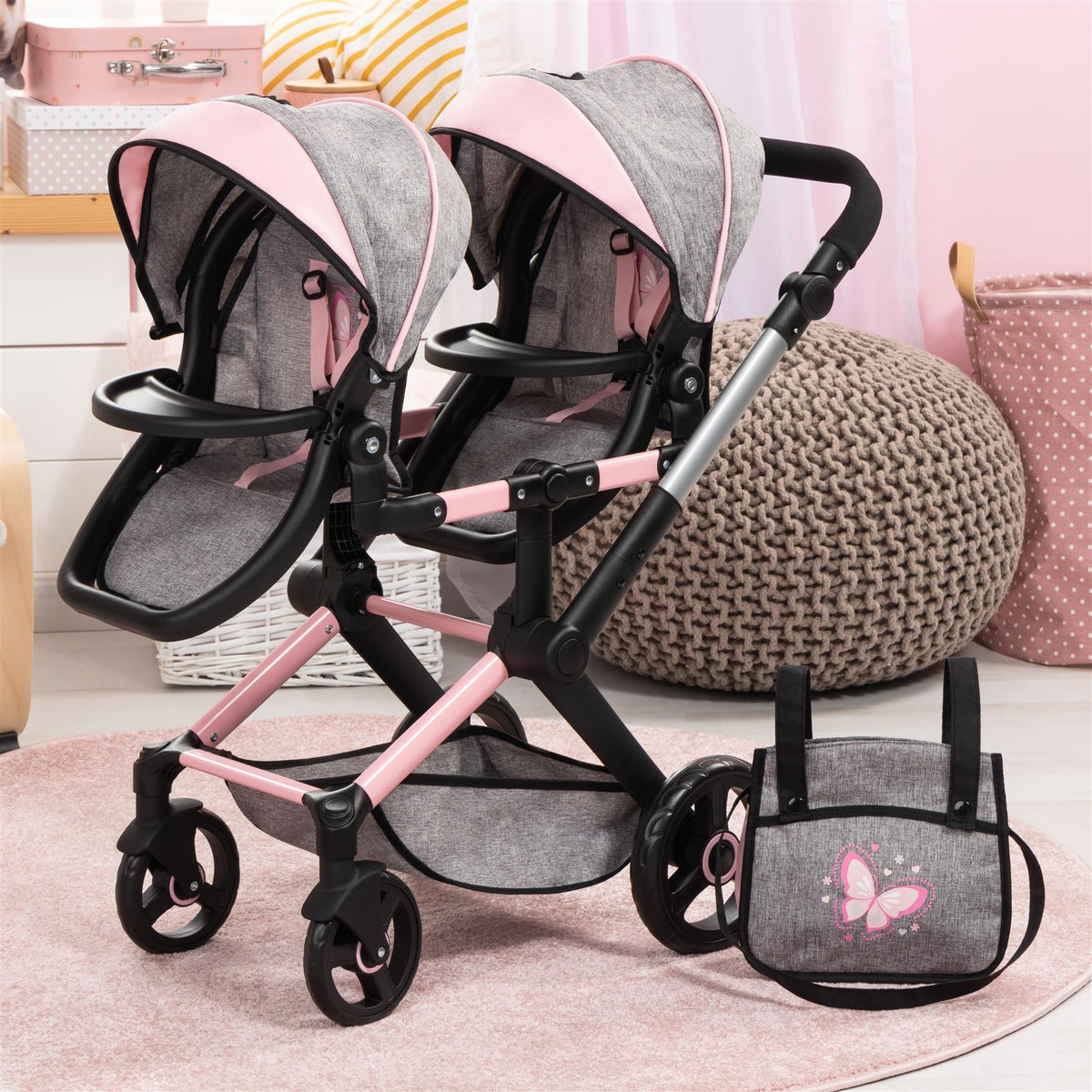 Bayer Xeo Twin Doll Pram - Grey/Soft Pink