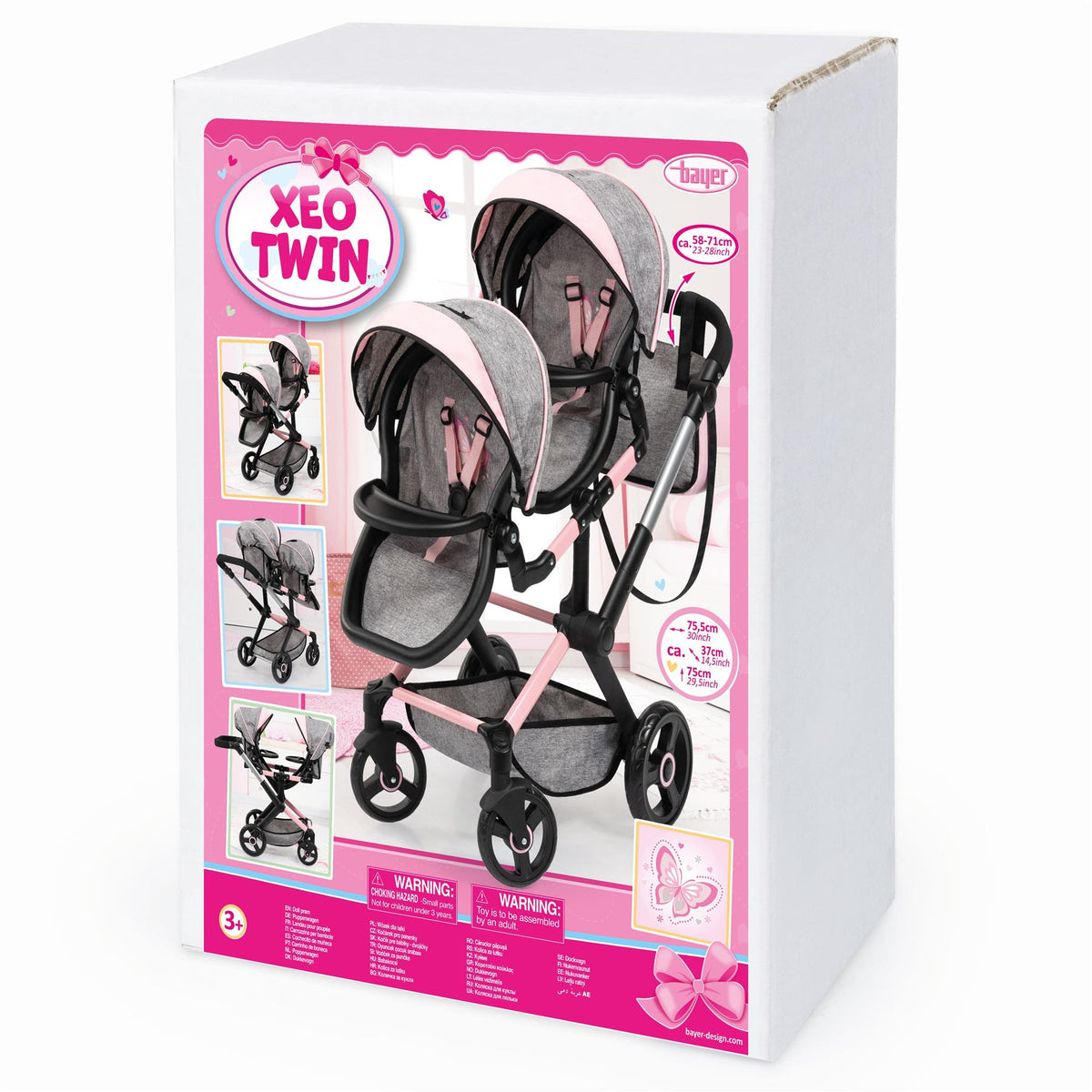 Bayer Xeo Twin Doll Pram - Grey/Soft Pink