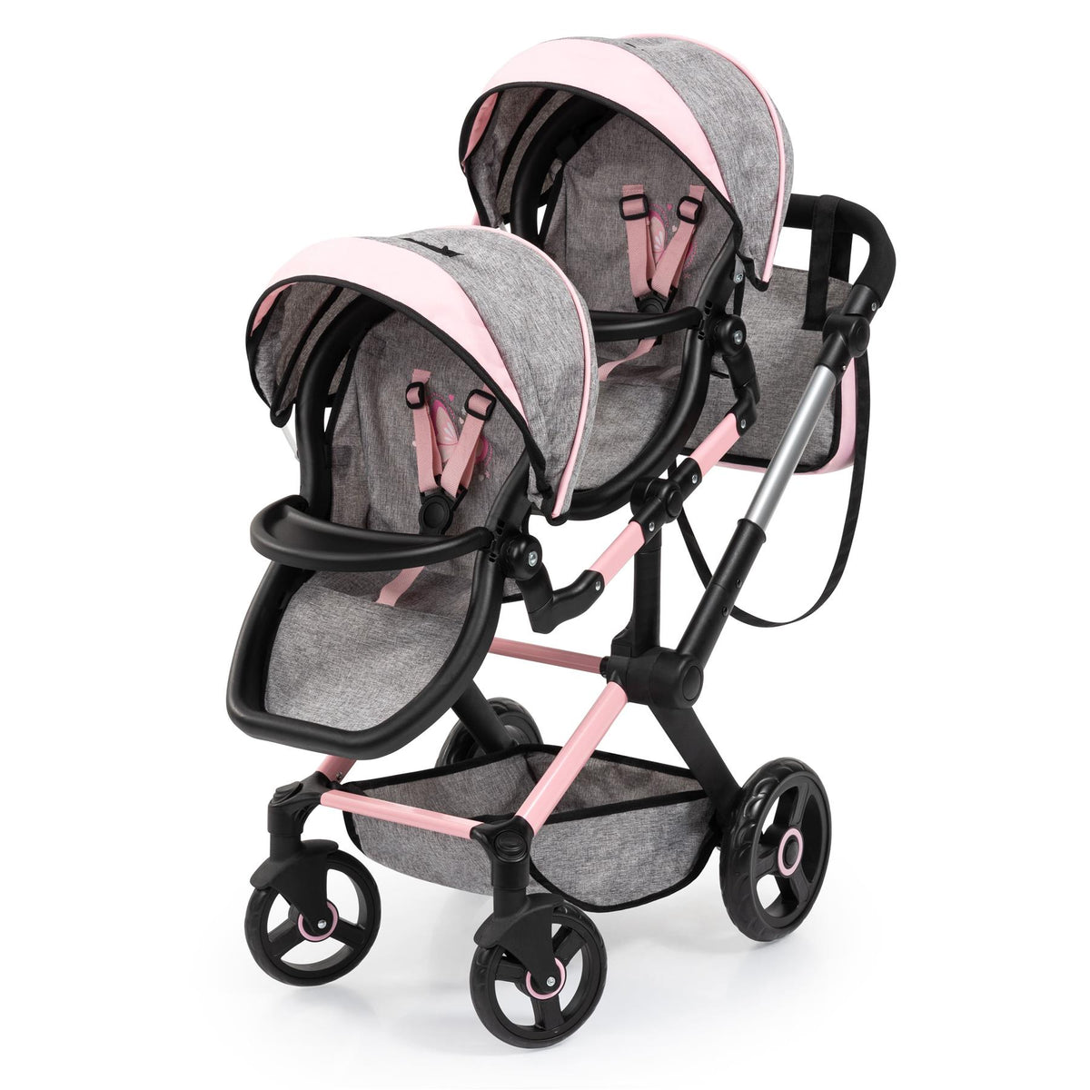 Bayer Xeo Twin Doll Pram - Grey/Soft Pink